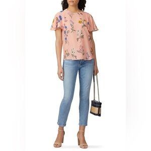 J.Crew Tullerie Coral Pink Floral‎ Flutter Sleeve 100% Silk Feminine Blouse Top